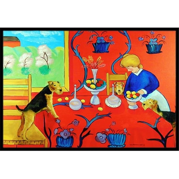 Carolines Treasures Carolines Treasures 7212JMAT Airedale Terrier with lady in the kitchen Indoor Or Outdoor Doormat - 24 x 36 in. 7212JMAT - main